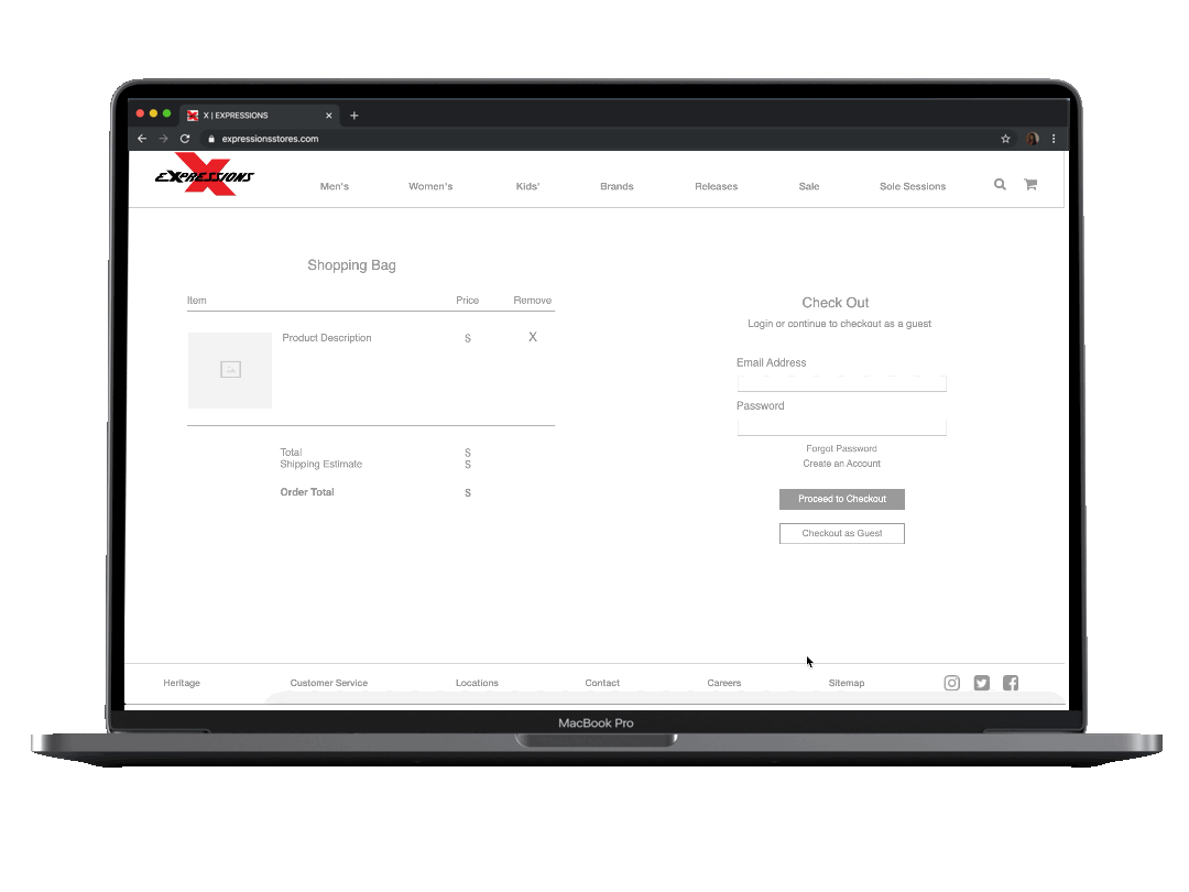 Shopping bag and checkout wireframe with guest checkout and order summary